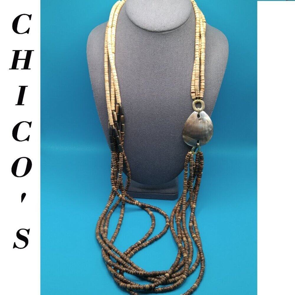 Chico's Natural Bead Long Necklace, Abalone Shell Side Pendant, Brown Beige, 43"
